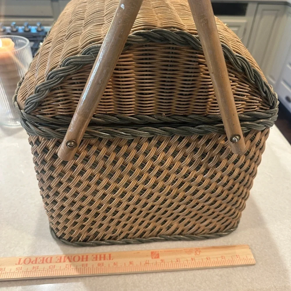 Vintage Wicker Picnic Basket with Green Checkered Accessories. Cottagecore